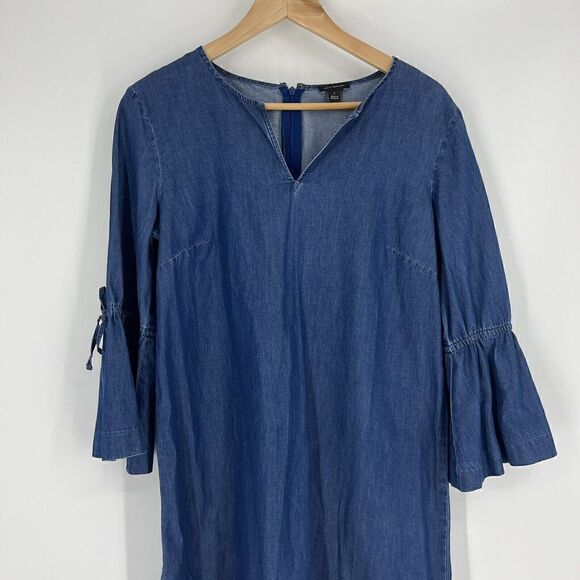 Ann Taylor Dress Size 6 Womens Blue Bell Sleeve Chambray Denim Shift Stretch - Picture 2 of 9